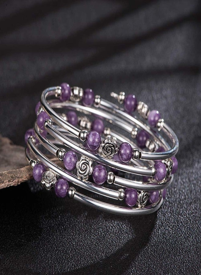 BULINLIN Wrap Bangle Rose Bead Bracelet - Beaded Bracelet with Natural Agate Stone Gifts For Women(01-Purple stone) - Image 5